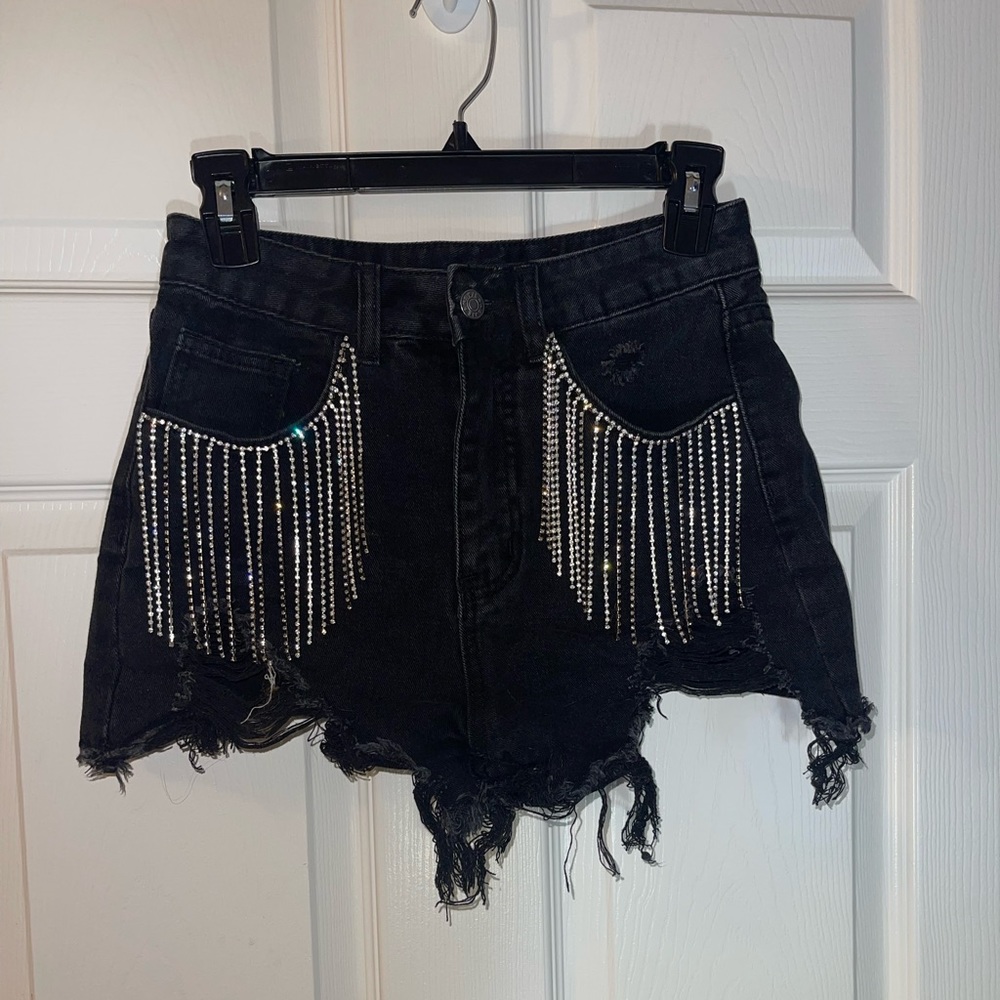 Black denim western rhinestones shorts